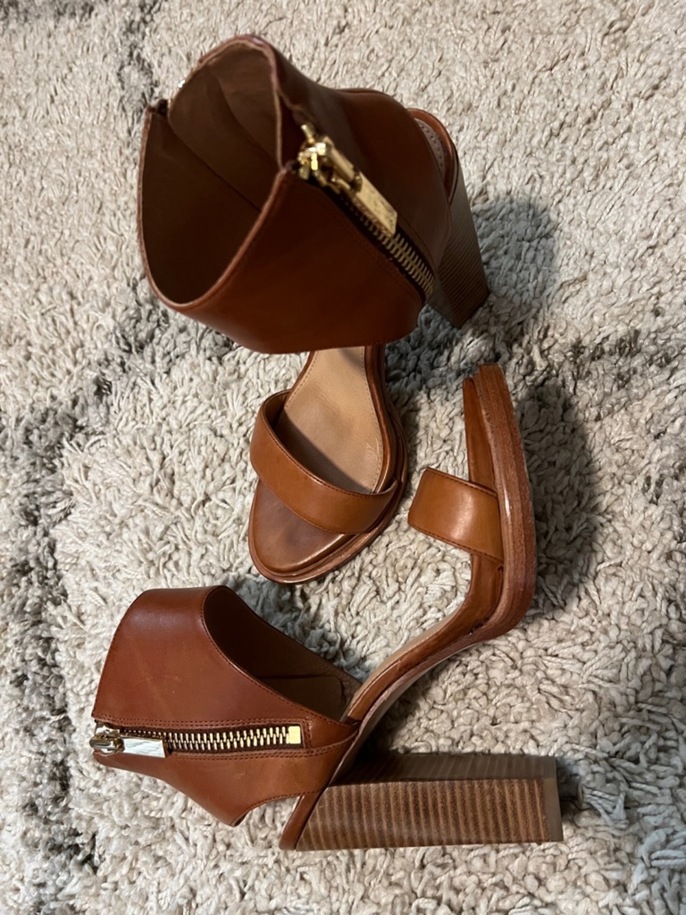 RACHEL ZOE Brown Leather Open-Toe Zip Ankle-Heel Sandals